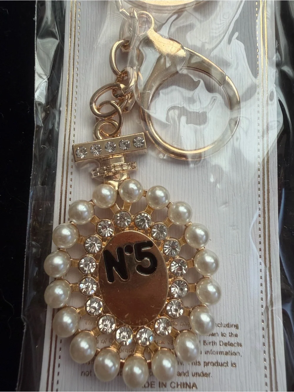 No. 5 Inspired Pearl Rhinestone Keychain Gold Tone Purse Bag Charm